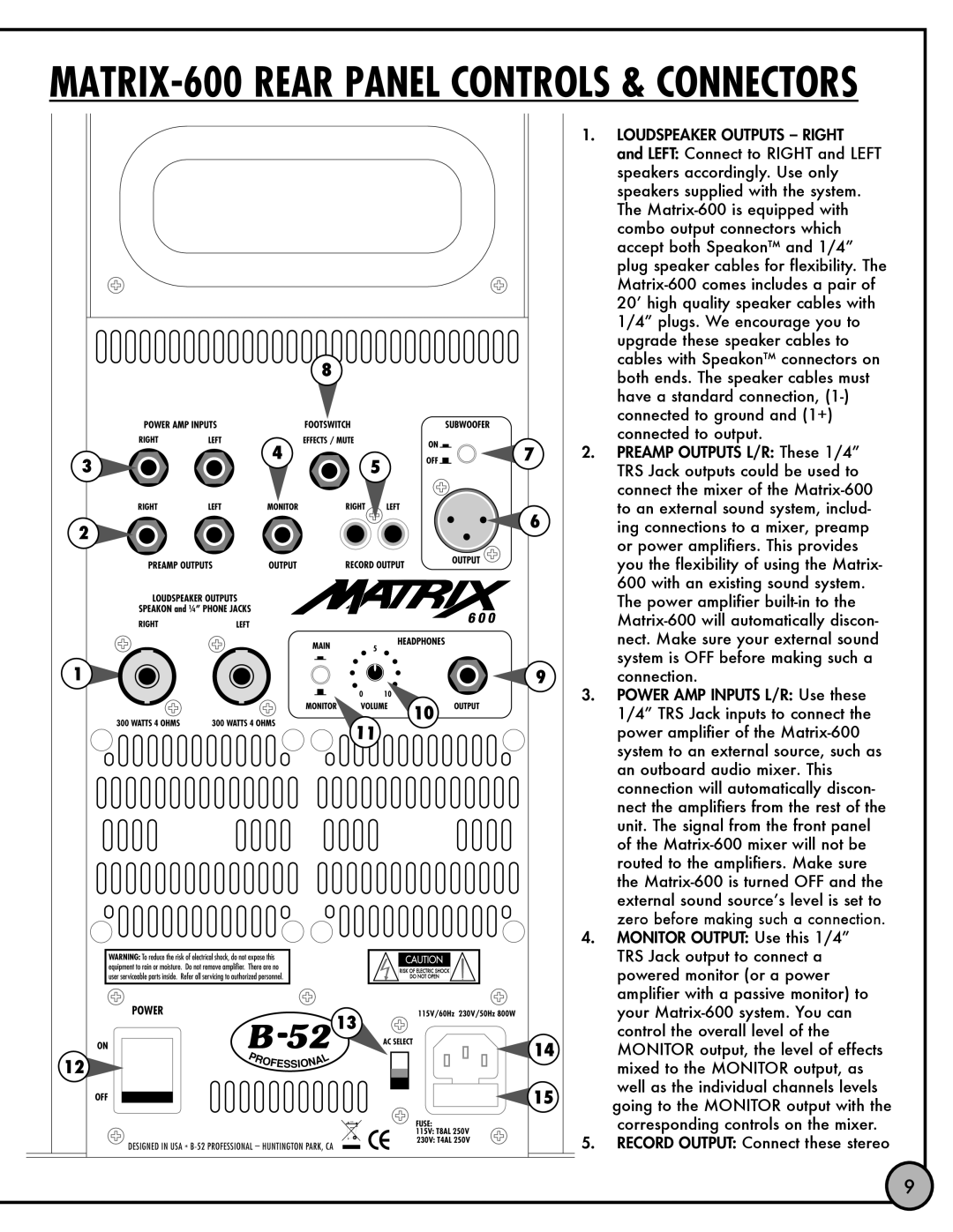 ETI Sound Systems, INC LHEC30, LHER20, LHEC20 specifications MATRIX-600 Rear Panel Controls & Connectors 