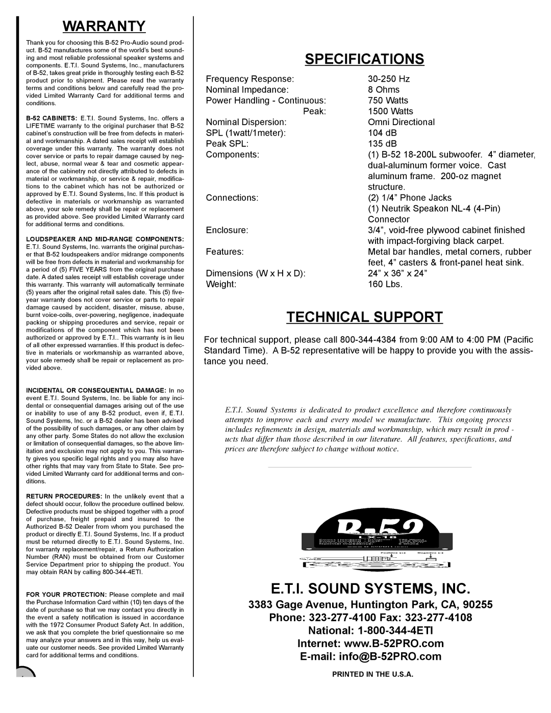 ETI Sound Systems, INC LX-18 instruction manual Warranty, Specifications, Technical Support, I. Sound SYSTEMS, INC 