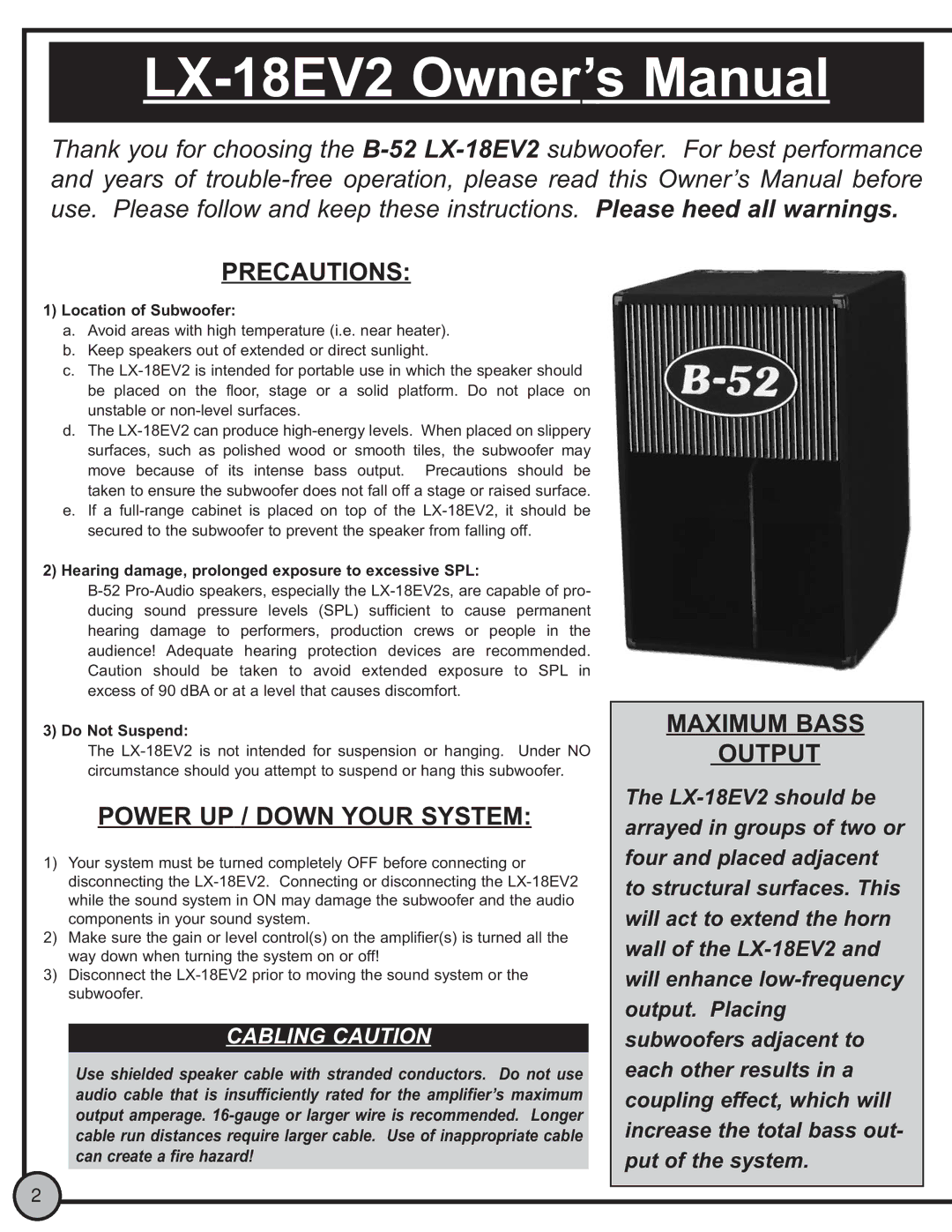 ETI Sound Systems, INC LX-18EV2 instruction manual Precautions, Power UP / Down Your System, Maximum Bass Output 