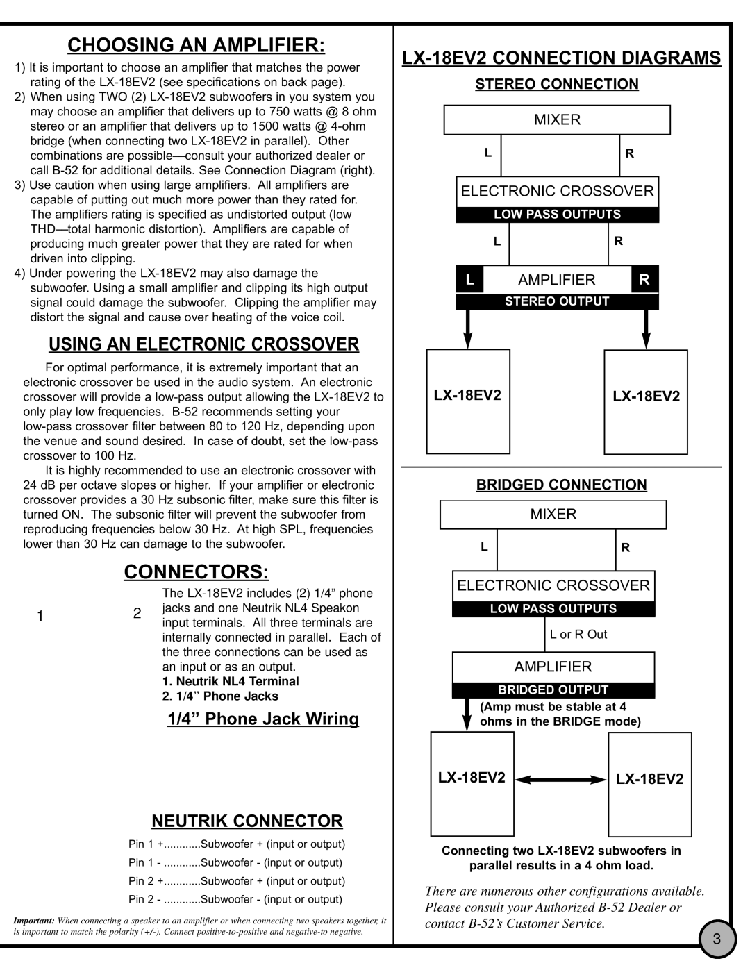 ETI Sound Systems, INC LX-18EV2 instruction manual Choosing AN Amplifier, Connectors 