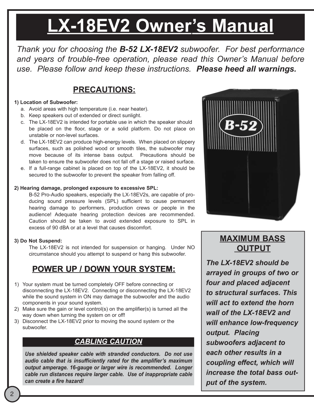 ETI Sound Systems, INC LX-18EV2 Precautions, Power Up / Down Your System, Maximum Bass Output, Location of Subwoofer 