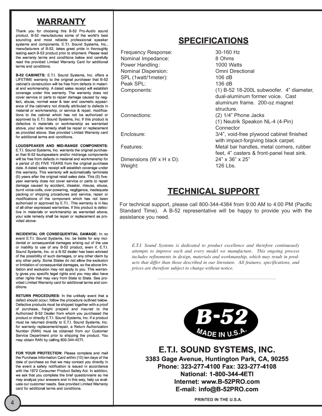 ETI Sound Systems, INC LX-18EV2 instruction manual Warranty, Specifications, Technical Support, E.T.I. Sound Systems, Inc 