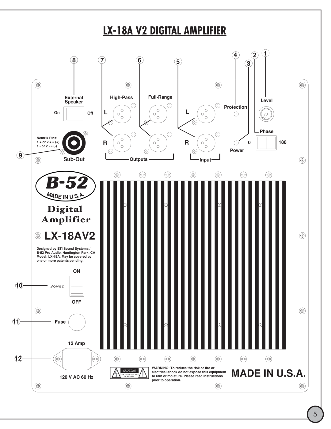 ETI Sound Systems, INC LX18A V2 manual LX-18AV2 DIGITAL AMPLIFIER, B-52, Made In U.S.A, Amplifier, Digital 