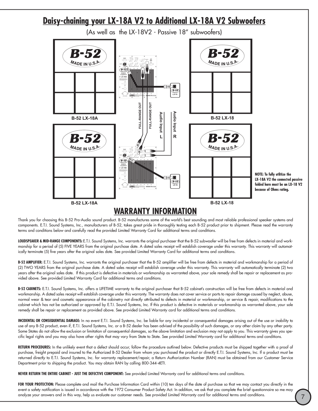 ETI Sound Systems, INC LX18A V2 manual Warranty Information, B-52 LX-18A, De In U, AudionputI 