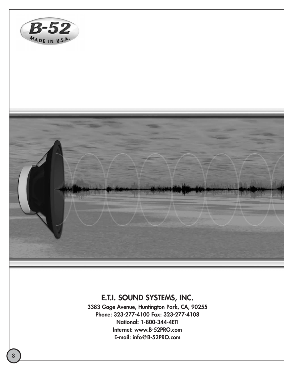 ETI Sound Systems, INC LX18A V2 manual E.T.I. Sound Systems, Inc, Gage Avenue, Huntington Park, CA 