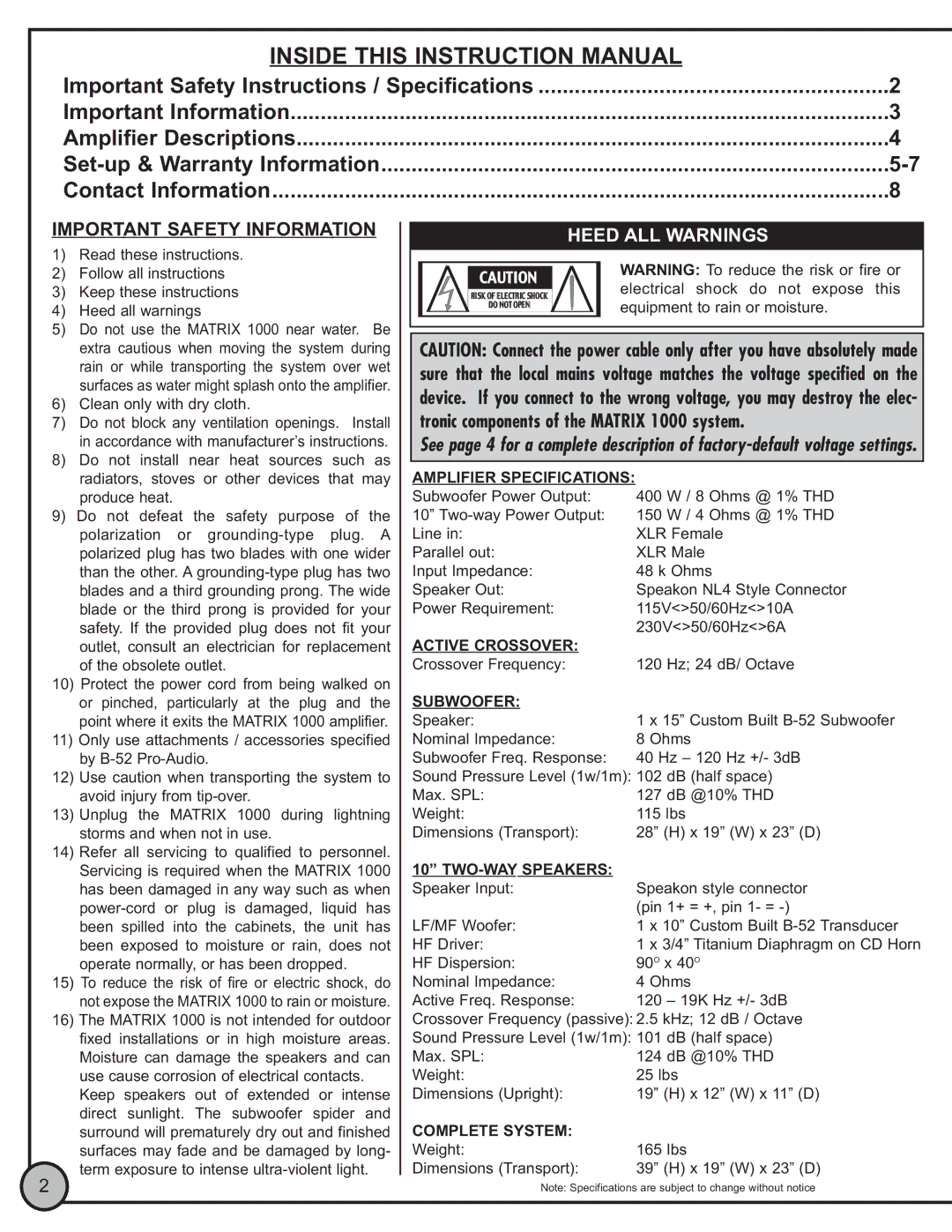 ETI Sound Systems, INC Matrix 1000 V2 manual Heed ALL Warnings, Tronic components of the Matrix 1000 system 