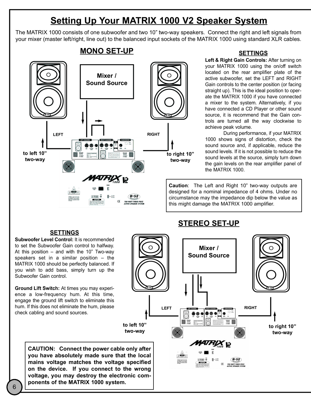 ETI Sound Systems, INC Matrix 1000 V2 manual Mono SET-UP, Stereo SET-UP, Mixer Sound Source 