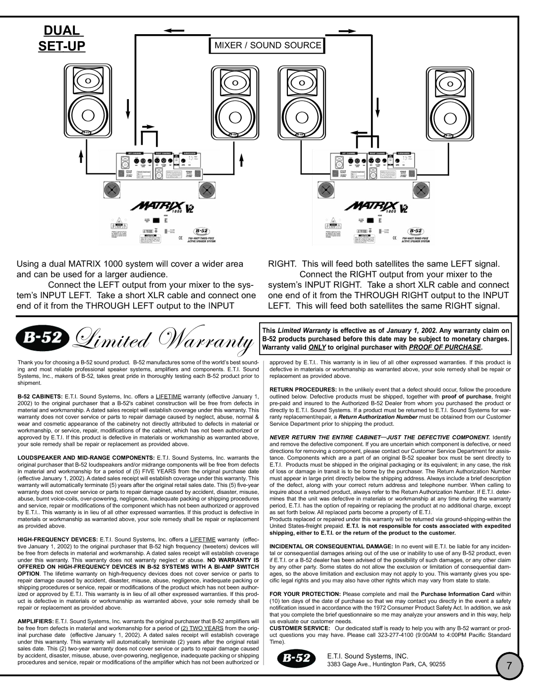 ETI Sound Systems, INC Matrix 1000 V2 manual Dual SET-UP, Mixer / Sound Source 