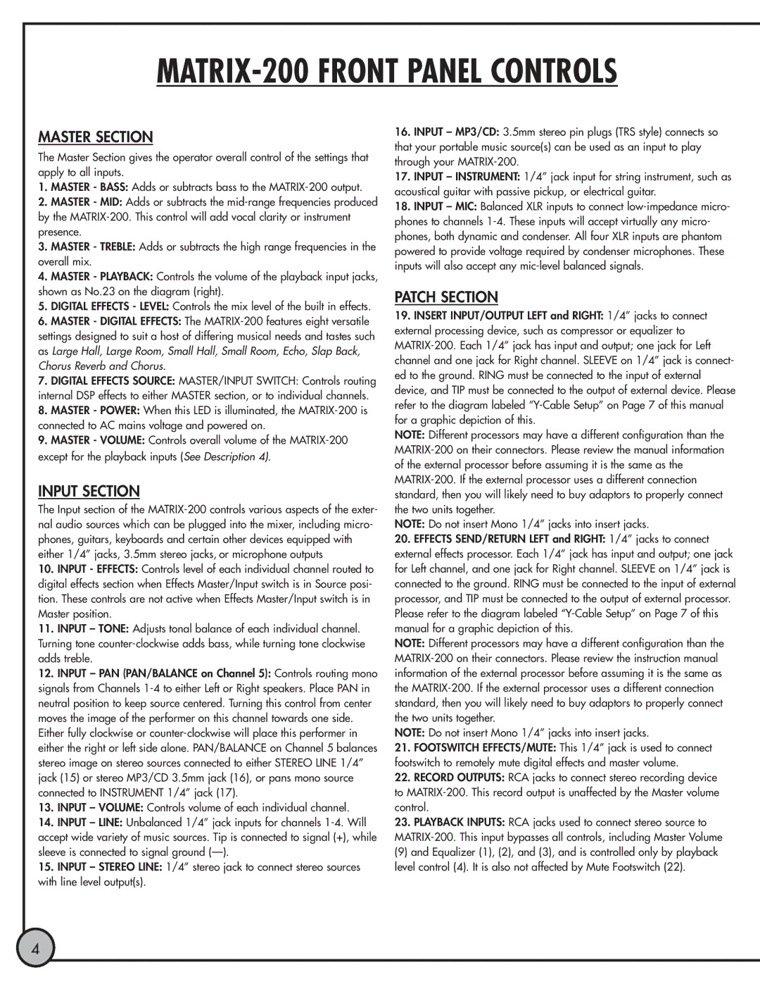 ETI Sound Systems, INC Matrix 200 manual MATRIX-200 Front Panel Controls 