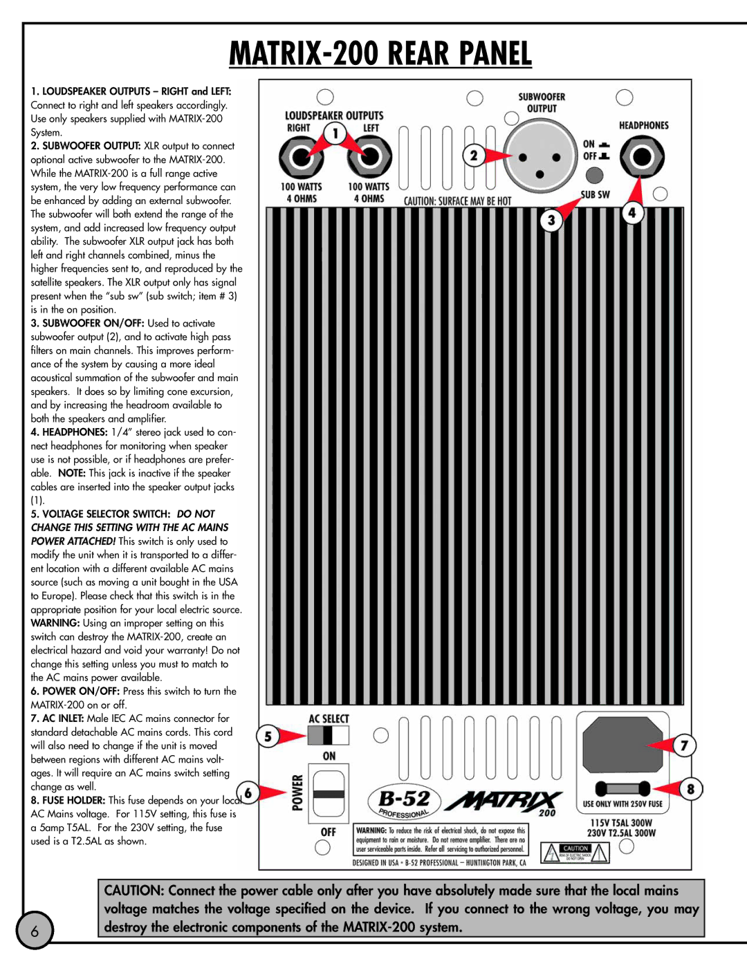 ETI Sound Systems, INC Matrix 200 manual MATRIX-200 Rear Panel 