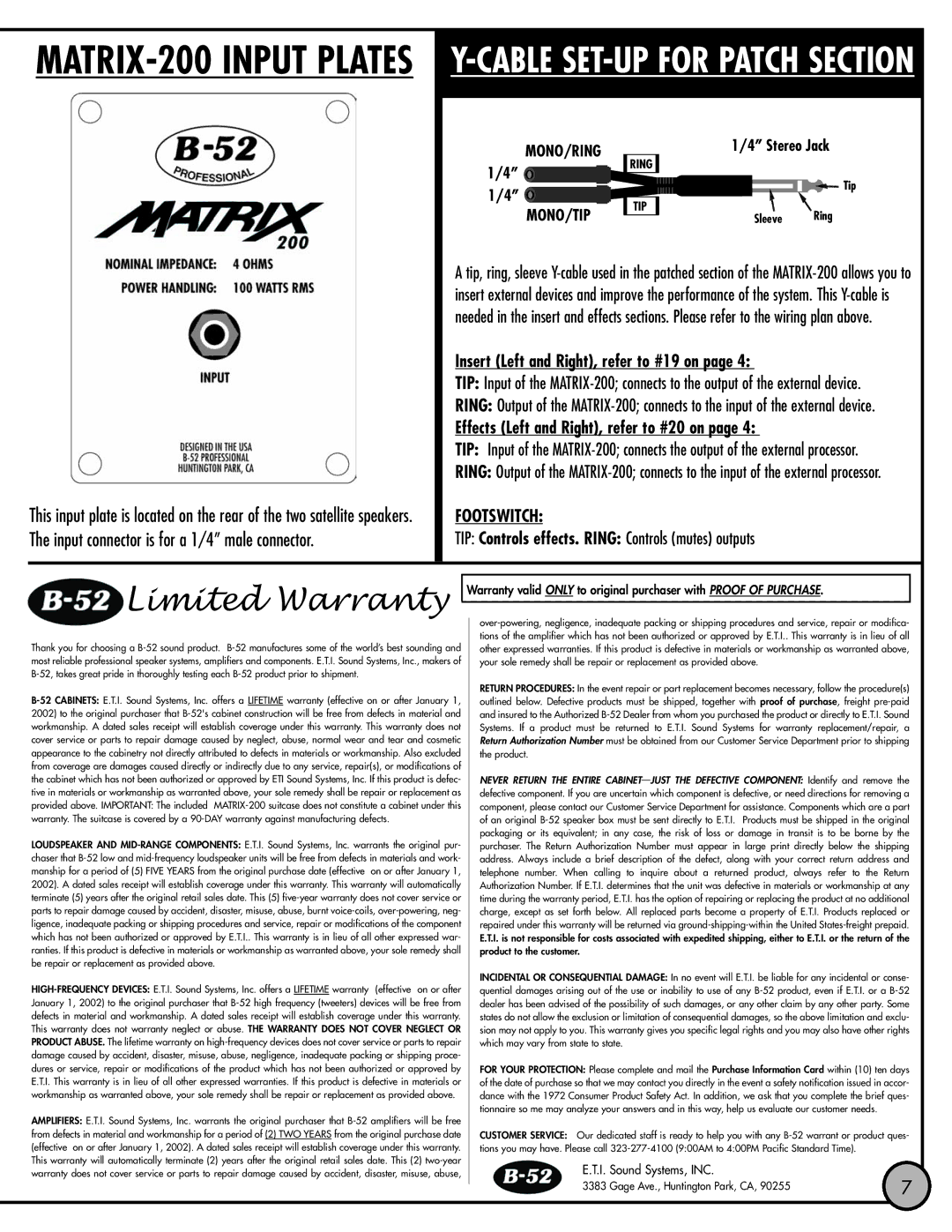 ETI Sound Systems, INC Matrix 200 manual Limited Warranty 