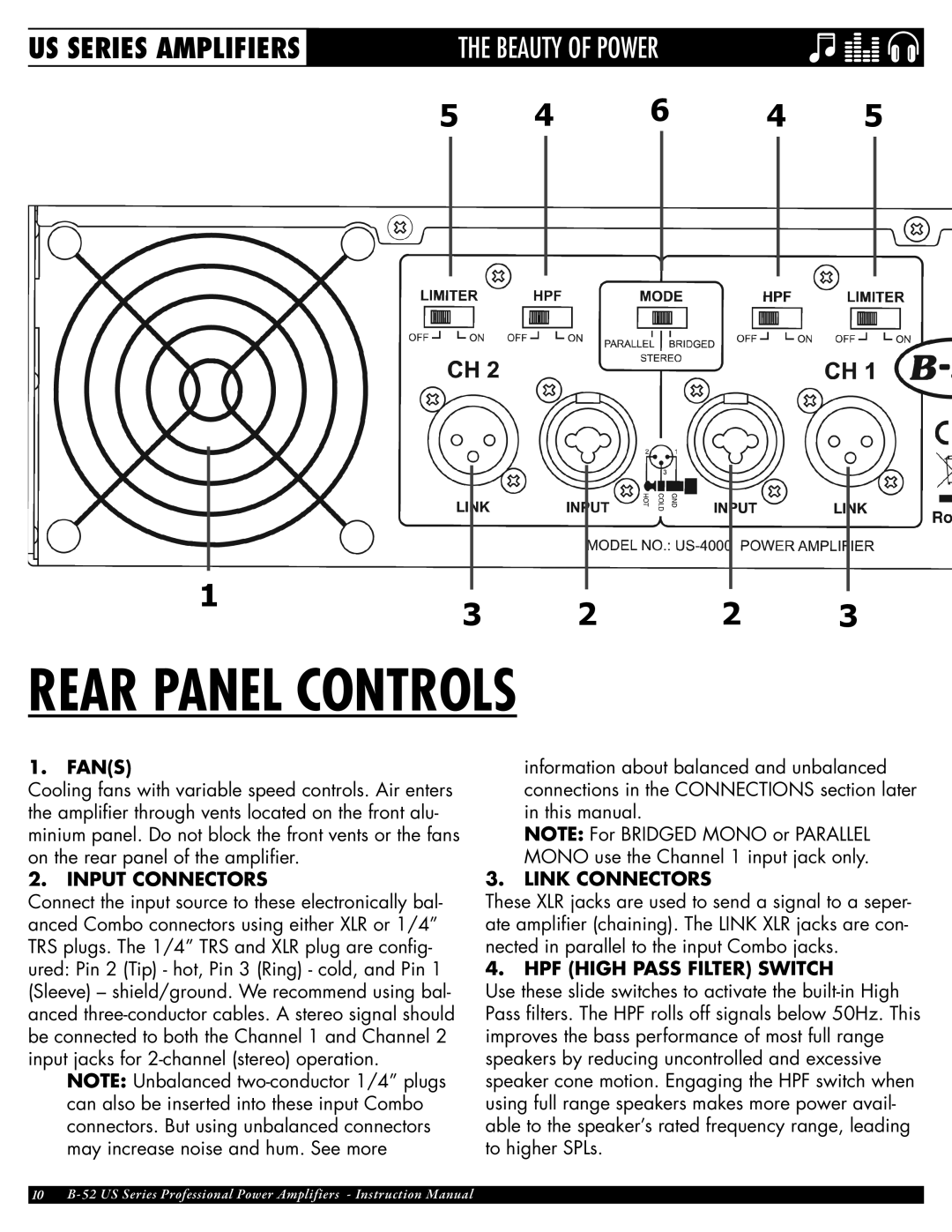 ETI Sound Systems, INC US-1200 Rear Panel Controls, FanS, Input connectors, Link connectors, HPF High Pass Filter switch 