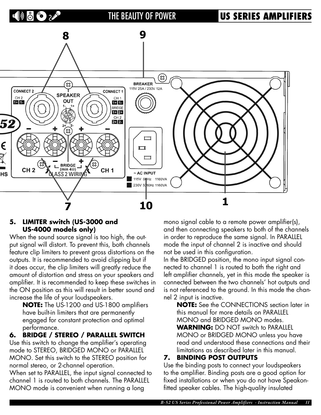 ETI Sound Systems, INC US-1800, US-1200 owner manual Limiter switch US-3000 and US-4000 models only, Binding Post outputs 