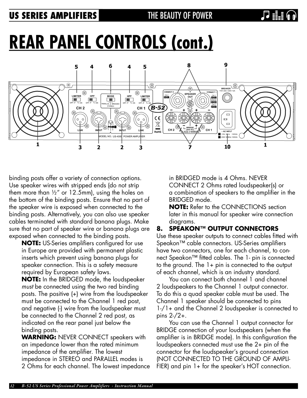 ETI Sound Systems, INC US-4000, US-1800, US-1200, US-3000 owner manual Rear Panel Controls, Speakon output connectors 