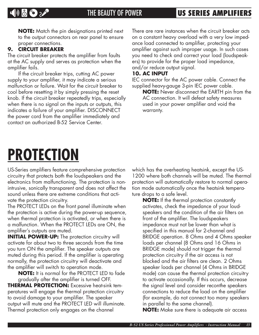 ETI Sound Systems, INC US-1800, US-4000, US-1200, US-3000 owner manual Protection, Circuit breaker, AC input 