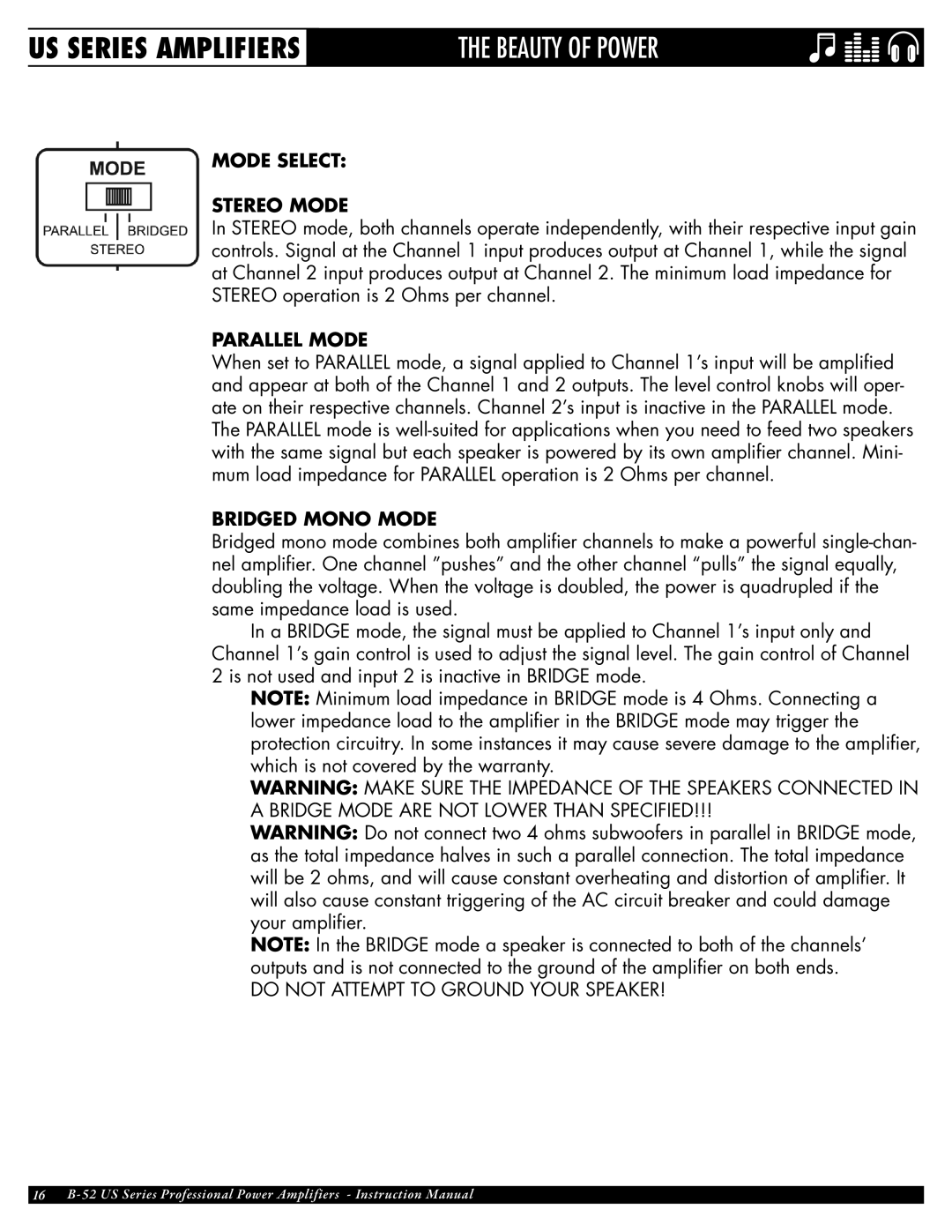 ETI Sound Systems, INC US-4000, US-1800, US-1200, US-3000 owner manual Stereo Mode, Parallel Mode, Bridged Mono Mode 