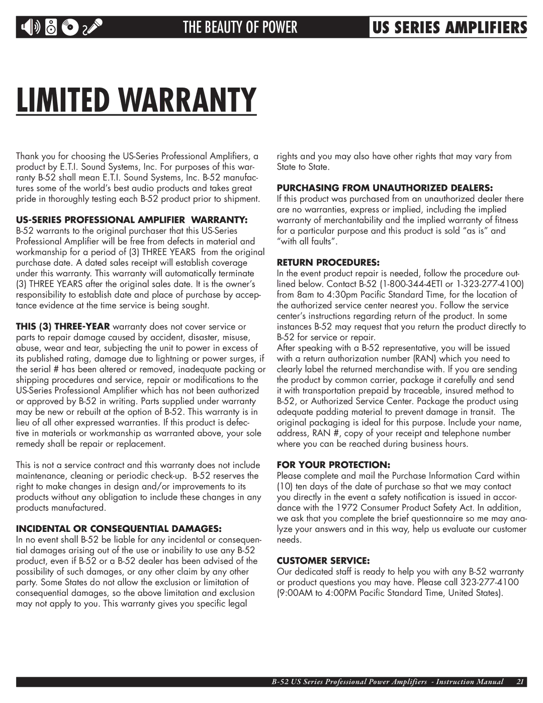 ETI Sound Systems, INC US-1800, US-4000, US-1200, US-3000 owner manual Limited Warranty, Incidental or Consequential Damages 