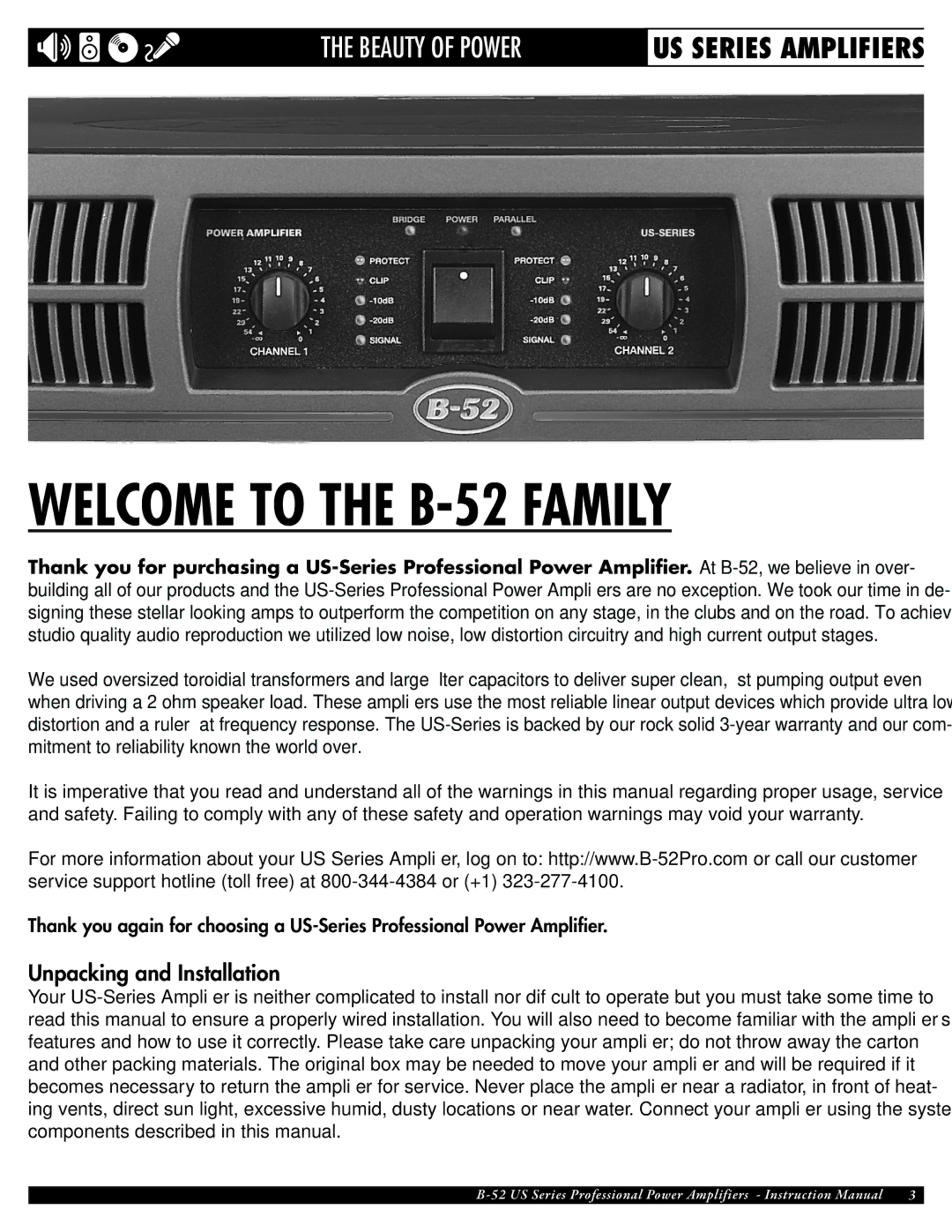 ETI Sound Systems, INC US-3000, US-4000, US-1800, US-1200 owner manual Welcome to the B-52 Family, Unpacking and Installation 