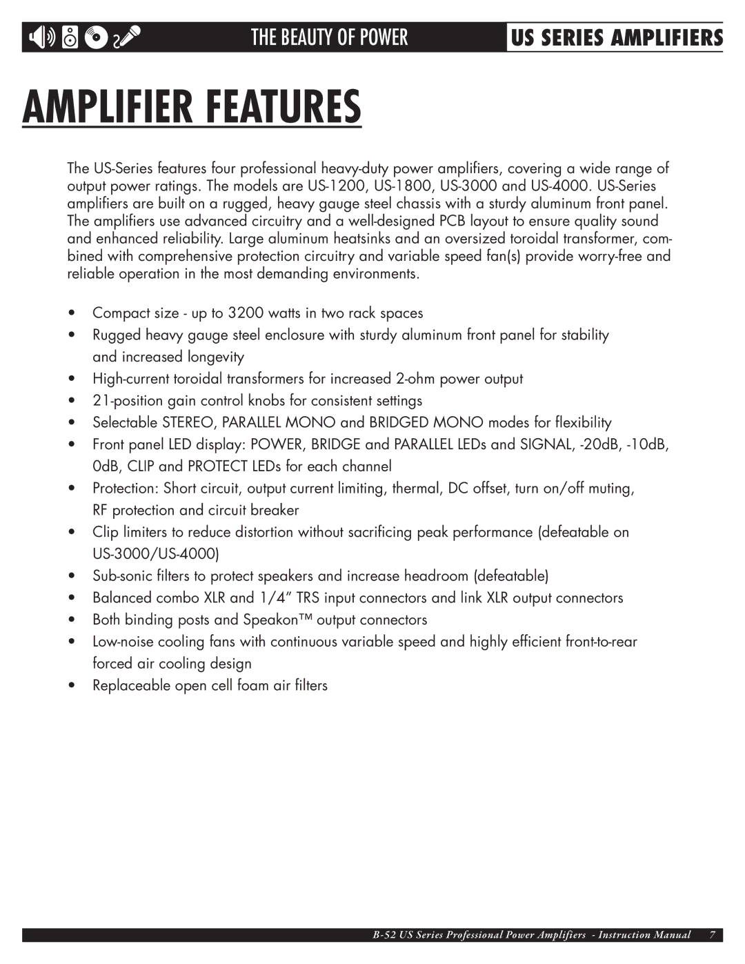 ETI Sound Systems, INC US-3000, US-4000, US-1800, US-1200 owner manual Amplifier Features 