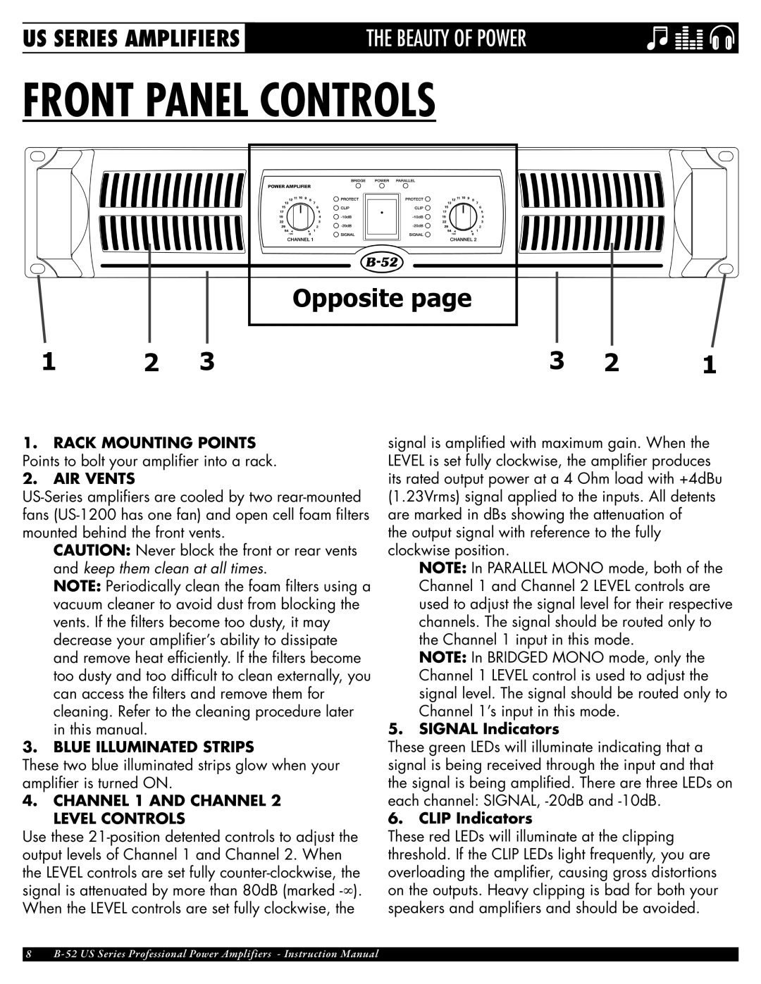 ETI Sound Systems, INC US-4000 Front Panel Controls, Blue illuminated strips, Channel 1 and channel 2 Level controls 