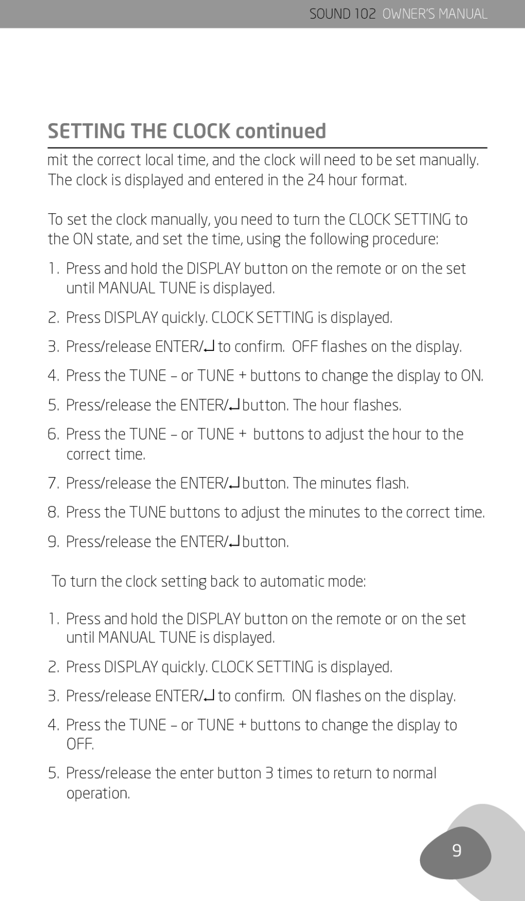 Eton 102 owner manual Setting the Clock 