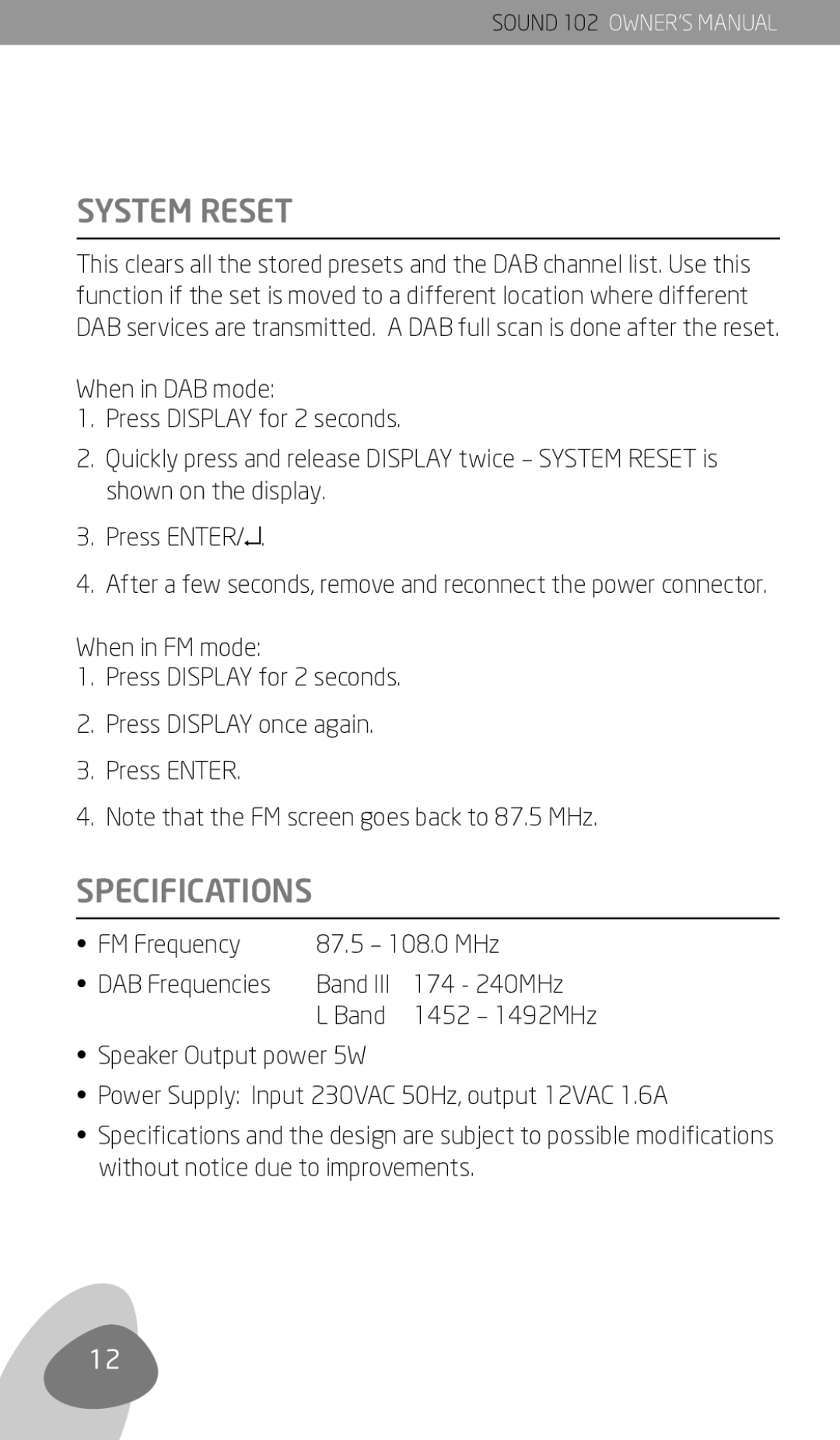 Eton 102 owner manual System Reset, Specifications, FM Frequency 87.5 108.0 MHz DAB Frequencies Band 174 240MHz 