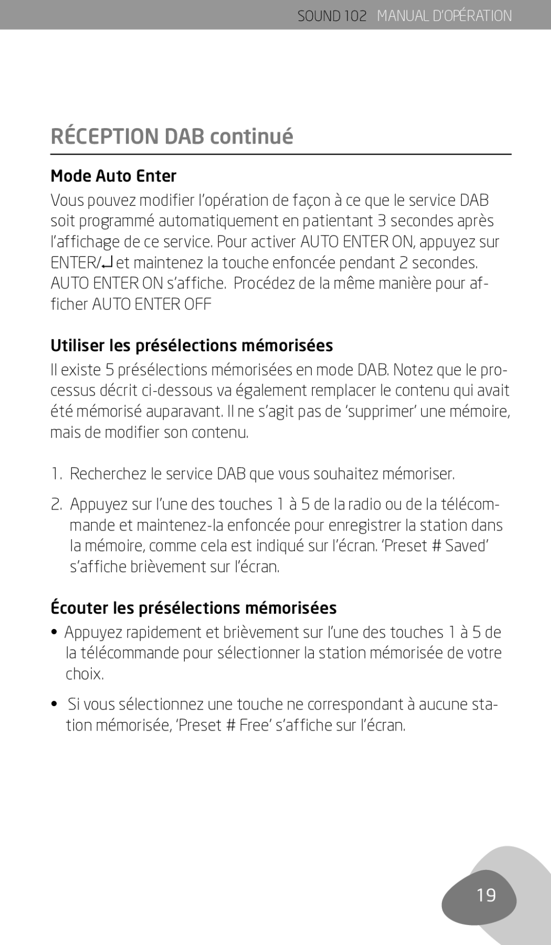 Eton 102 owner manual Réception DAB continué, Mode Auto Enter, Recherchez le service DAB que vous souhaitez mémoriser 