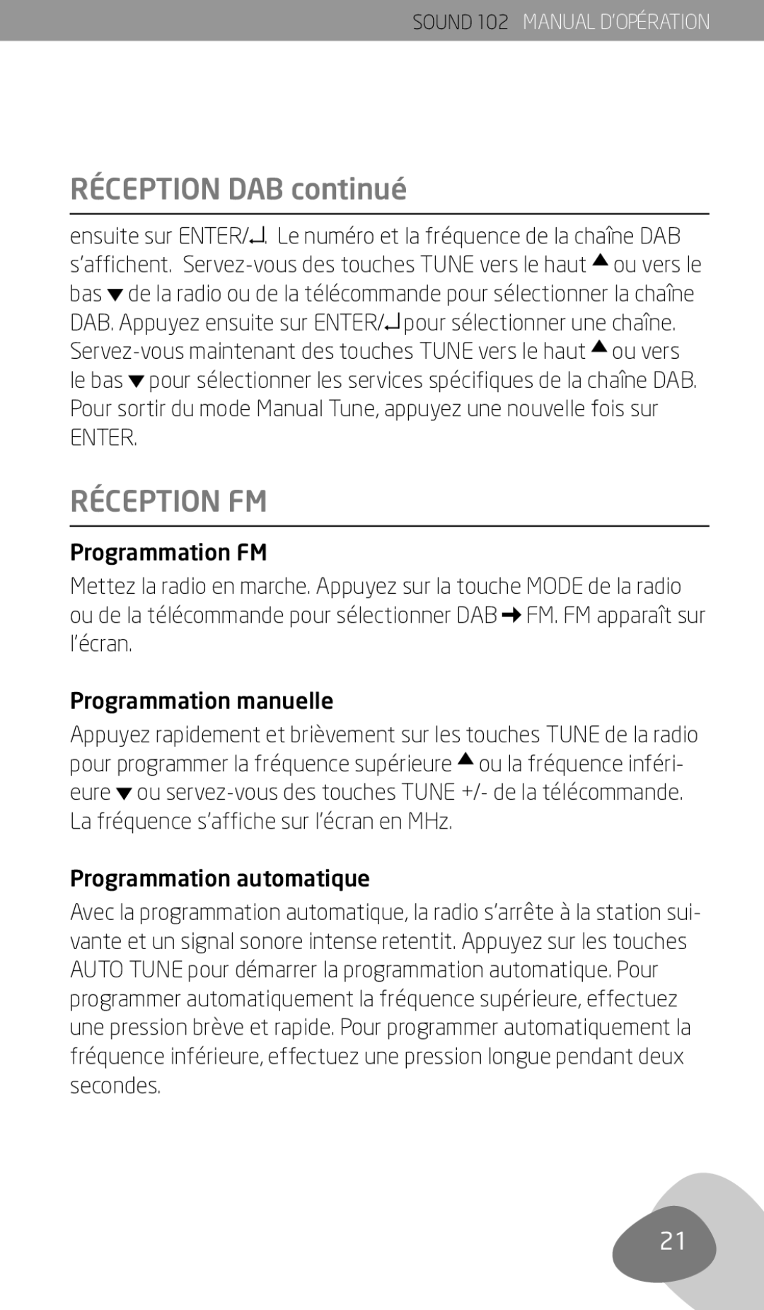 Eton 102 owner manual Réception FM, Programmation automatique 