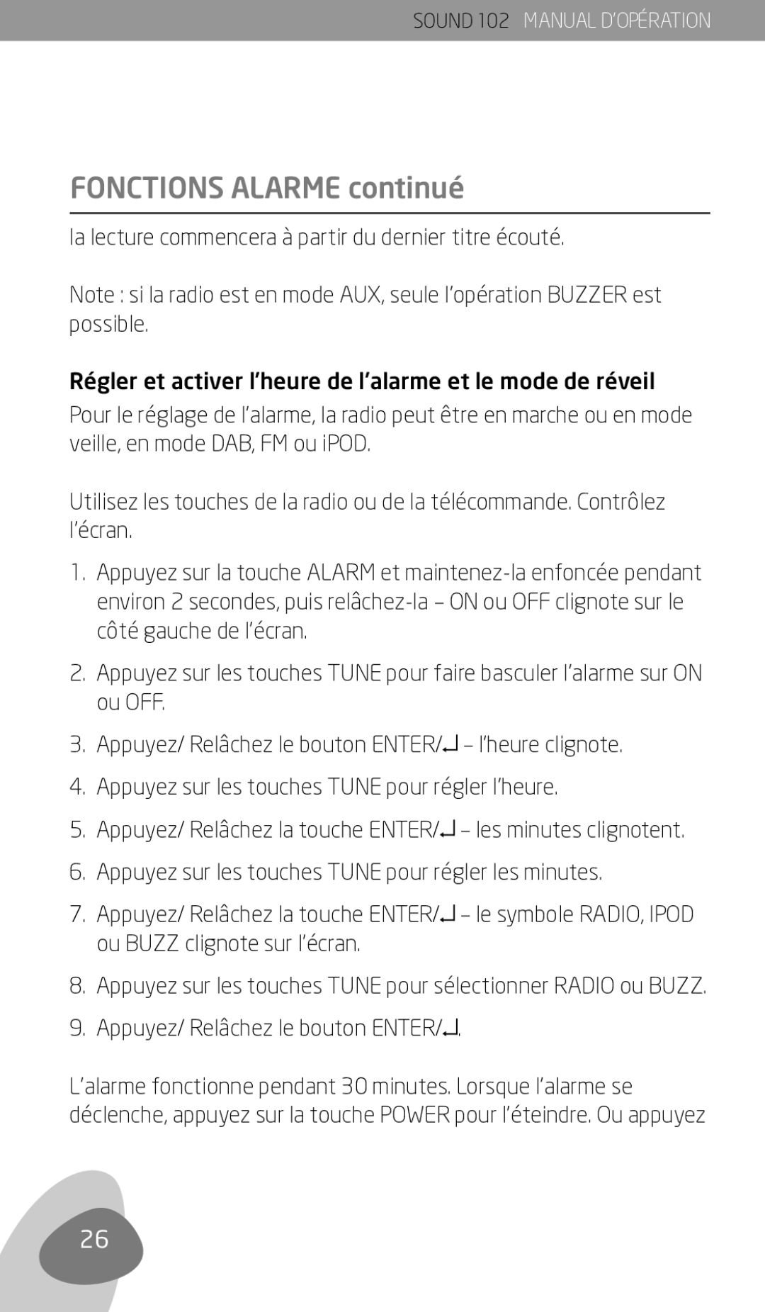 Eton 102 owner manual Fonctions Alarme continué, Appuyez/ Relâchez le bouton Enter 