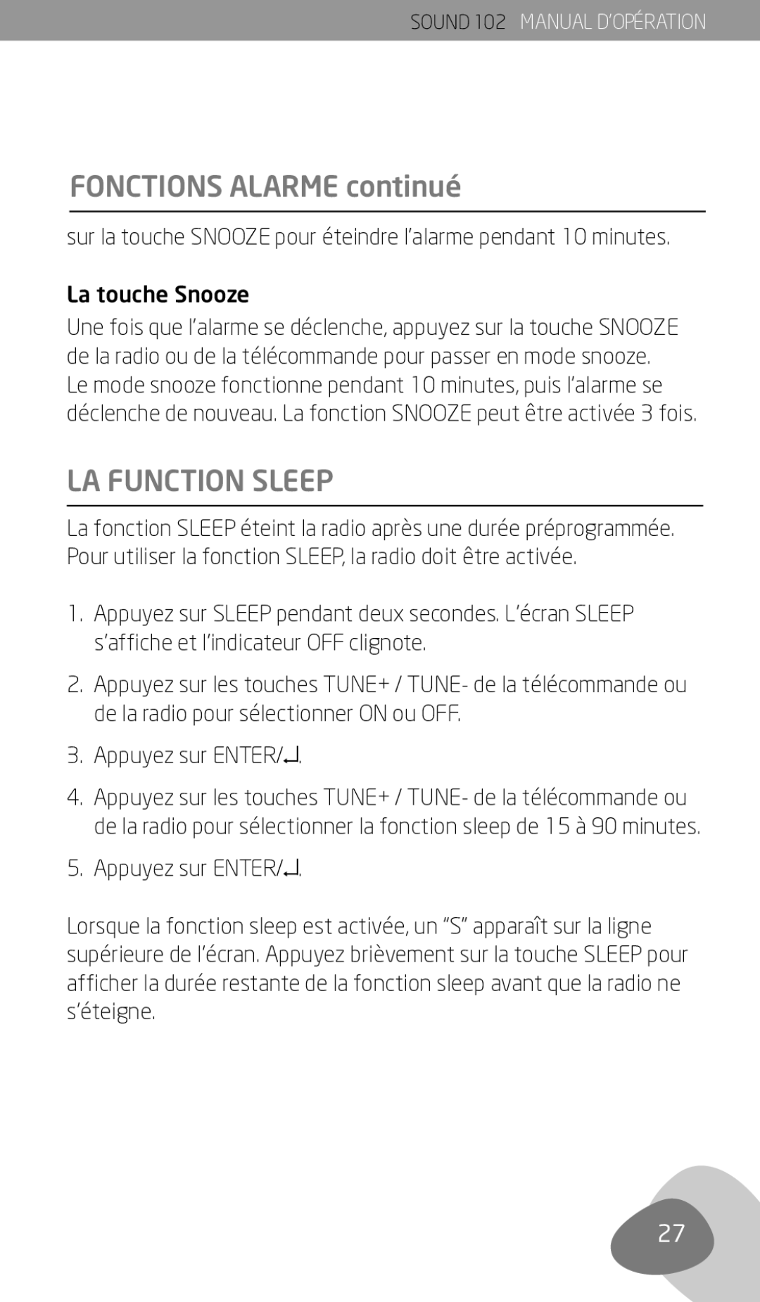 Eton 102 owner manual LA Function Sleep, La touche Snooze, Appuyez sur Enter 