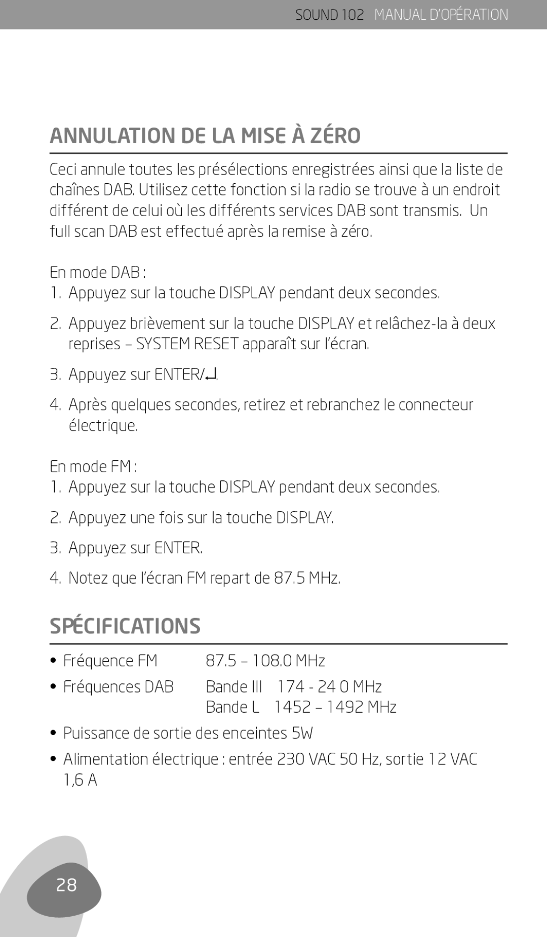 Eton 102 owner manual Annulation DE LA Mise À Zéro, Spécifications 