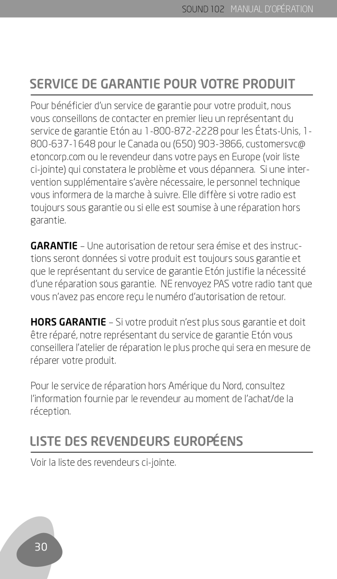 Eton 102 Service DE Garantie Pour Votre Produit, Liste DES Revendeurs Européens, Voir la liste des revendeurs ci-jointe 