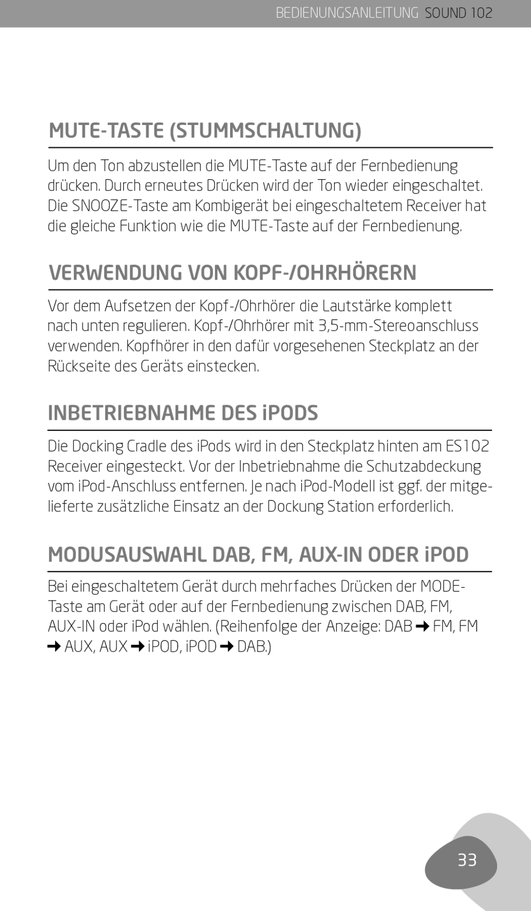 Eton 102 owner manual MUTE-Taste Stummschaltung, Verwendung von Kopf-/Ohrhörern, Inbetriebnahme des iPods 