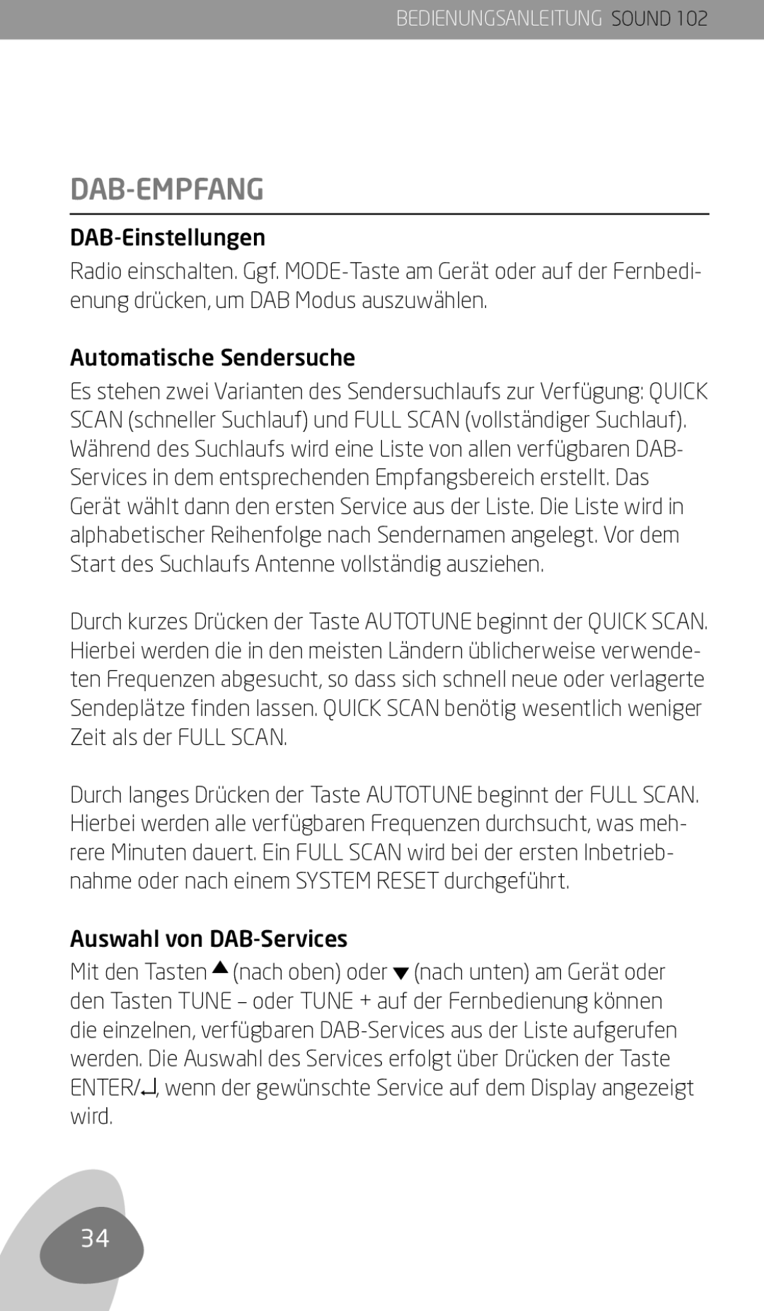 Eton 102 owner manual DAB-Empfang, DAB-Einstellungen, Automatische Sendersuche, Auswahl von DAB-Services 