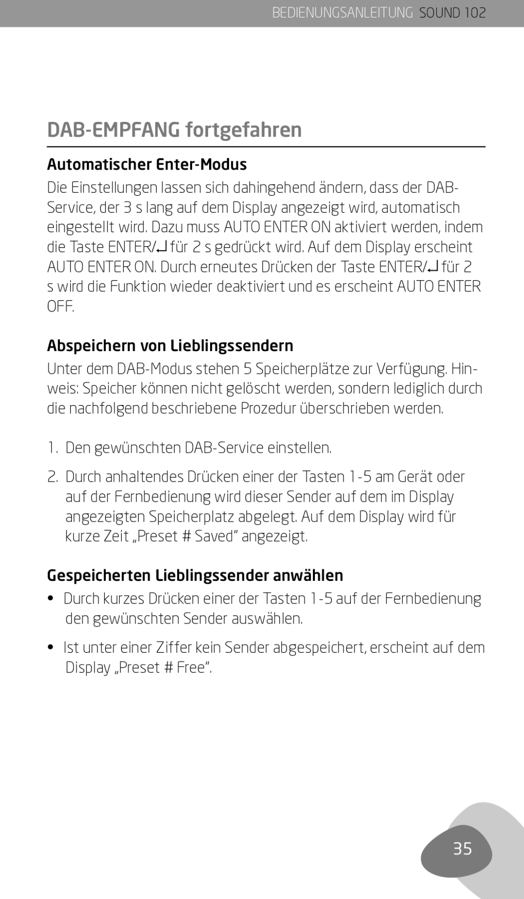 Eton 102 owner manual DAB-Empfang fortgefahren, Automatischer Enter-Modus, Abspeichern von Lieblingssendern 