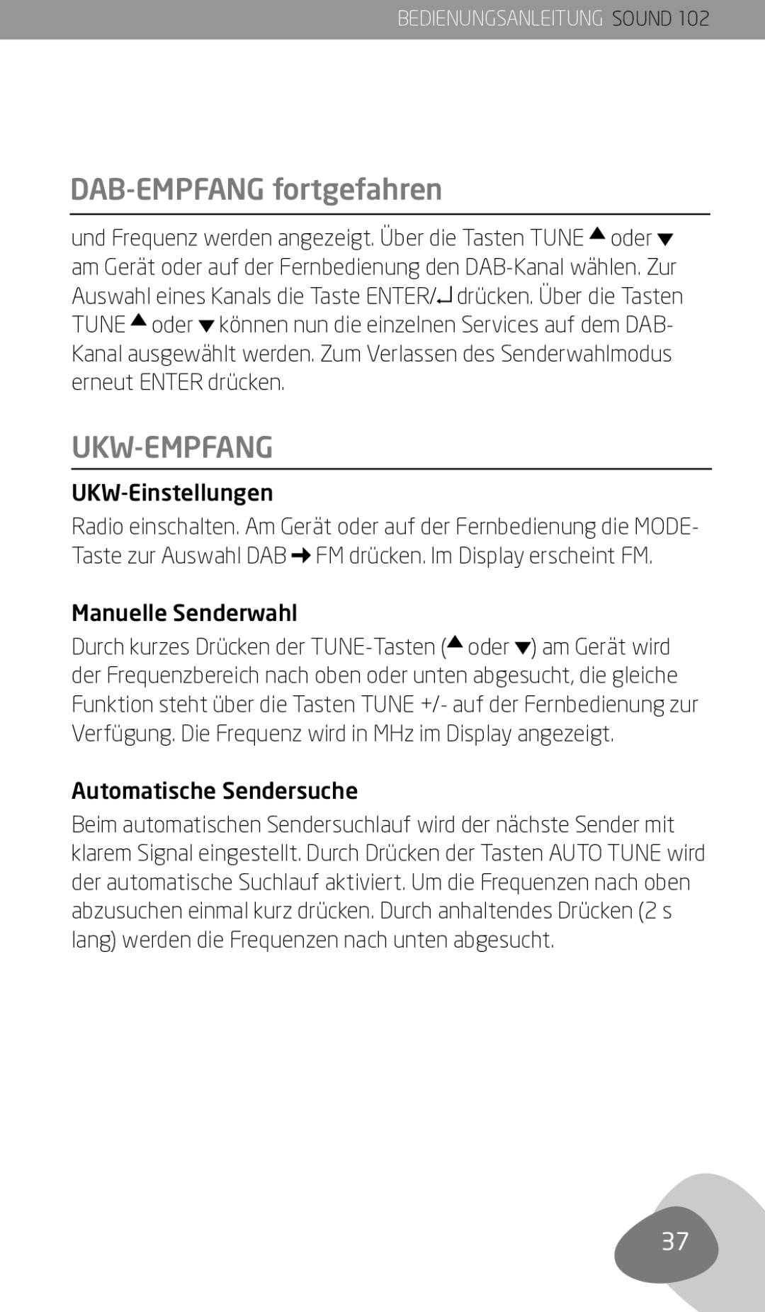 Eton 102 owner manual UKW-Empfang, UKW-Einstellungen, Manuelle Senderwahl 