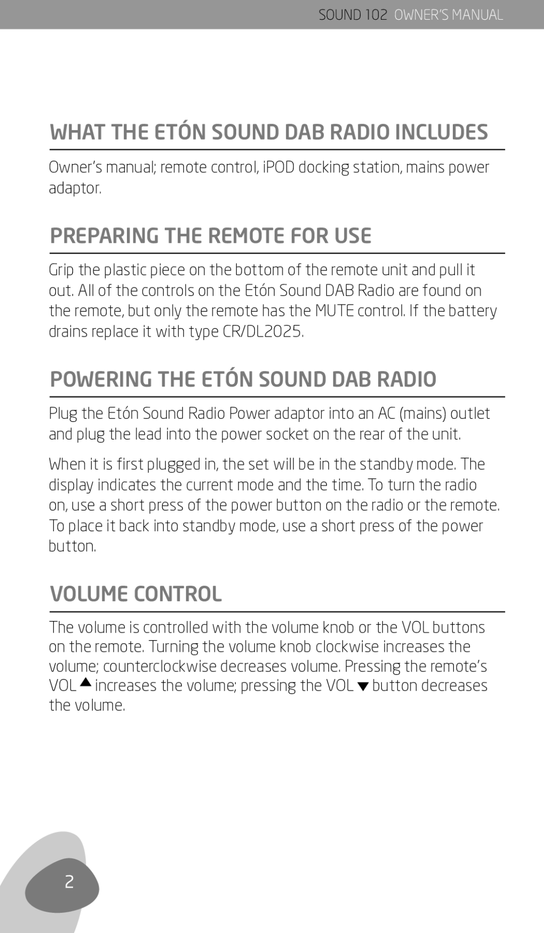 Eton 102 owner manual Powering the Etón Sound DAB Radio, Volume Control 