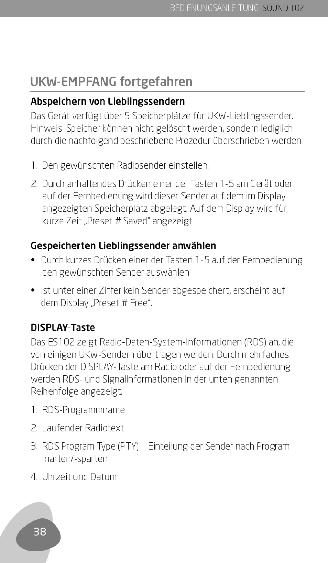 Eton 102 owner manual UKW-Empfang fortgefahren, Den gewünschten Radiosender einstellen 