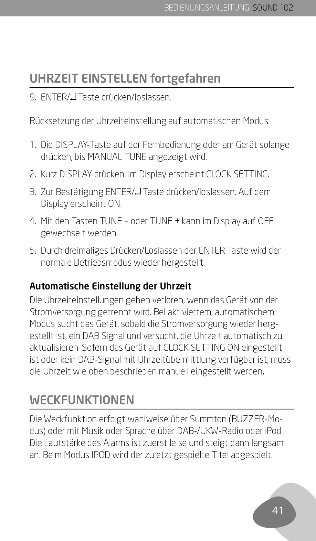 Eton 102 owner manual Uhrzeit einstellen fortgefahren, Weckfunktionen 