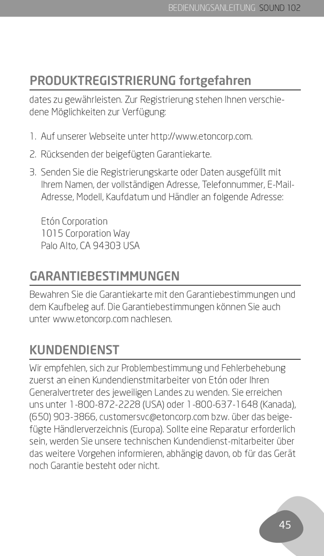 Eton 102 owner manual Produktregistrierung fortgefahren, Garantiebestimmungen Kundendienst 