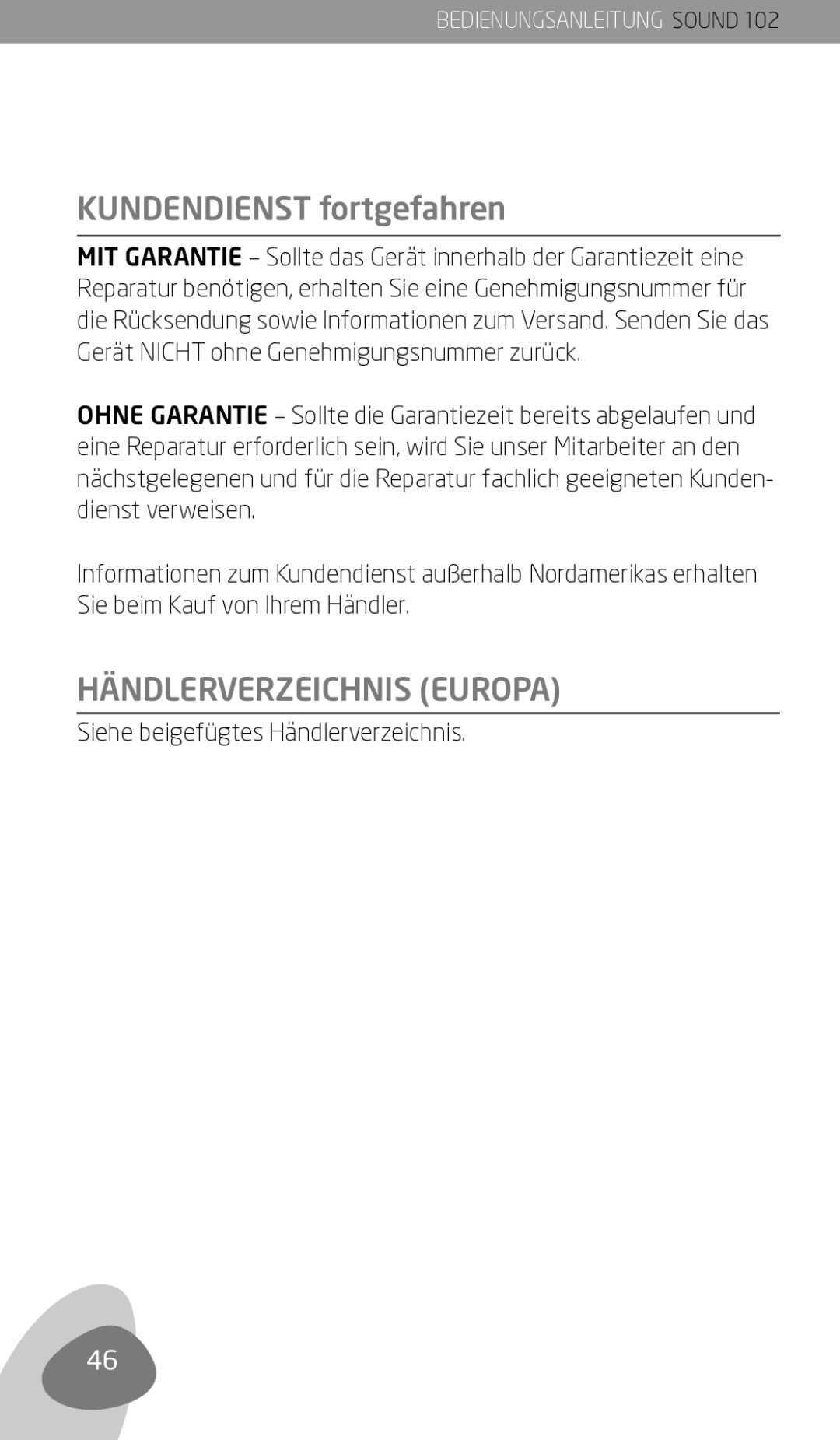 Eton 102 owner manual Kundendienst fortgefahren, Händlerverzeichnis Europa, Siehe beigefügtes Händlerverzeichnis 