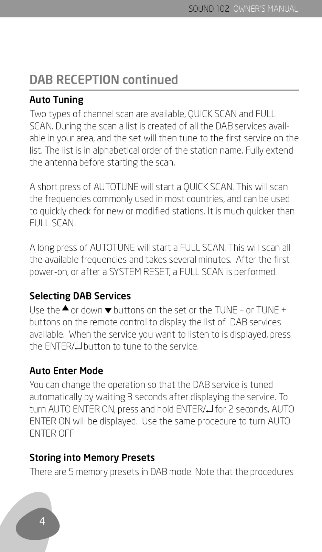 Eton 102 owner manual DAB Reception, Auto Tuning, Selecting DAB Services, Auto Enter Mode, Storing into Memory Presets 