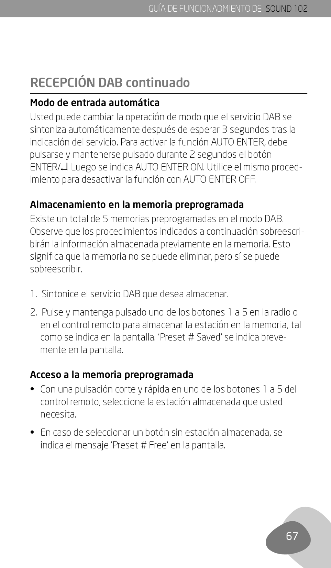 Eton 102 owner manual Recepción DAB continuado, Modo de entrada automática 