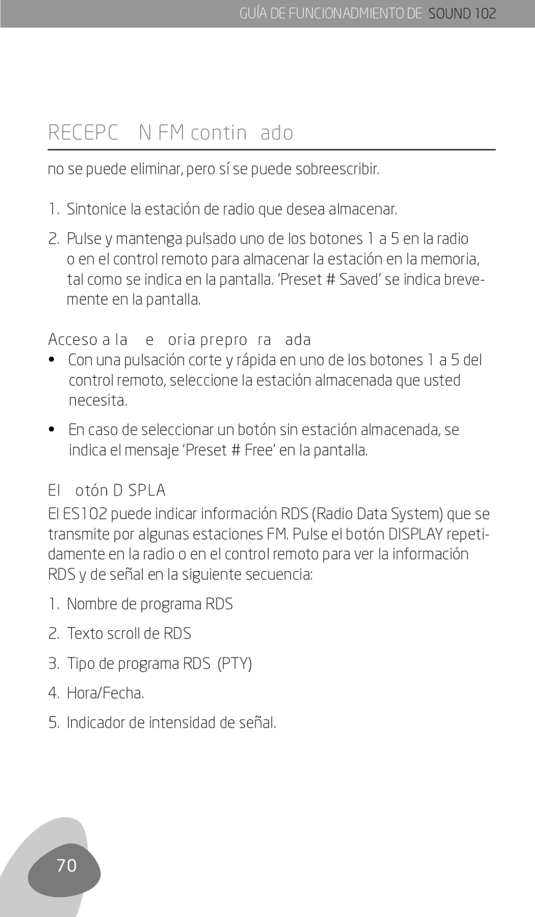 Eton 102 owner manual Recepción FM continuado, El Botón Display 