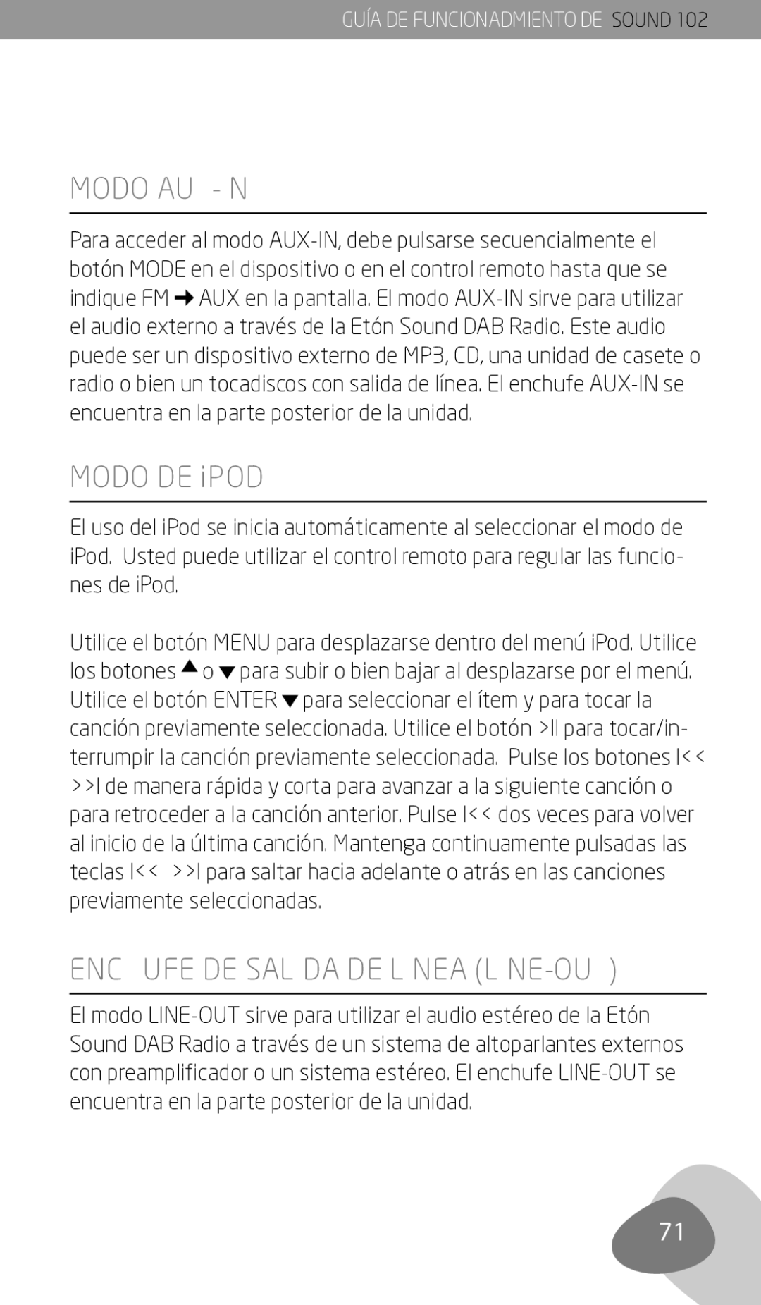 Eton 102 owner manual Modo AUX-IN, Modo de iPod, Enchufe de salida de línea LINE-OUT 