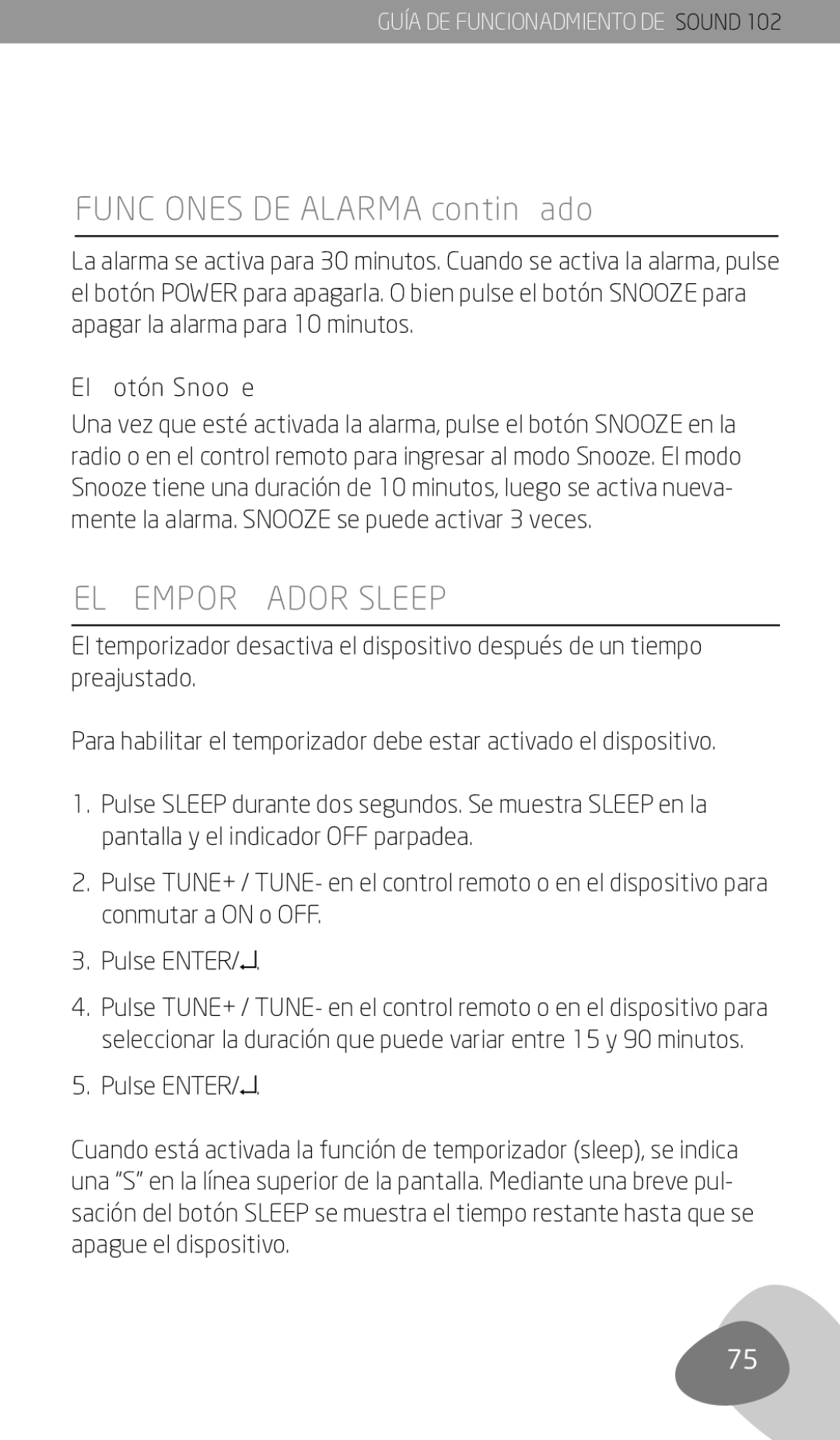 Eton 102 owner manual El temporizador Sleep, Pulse Enter 