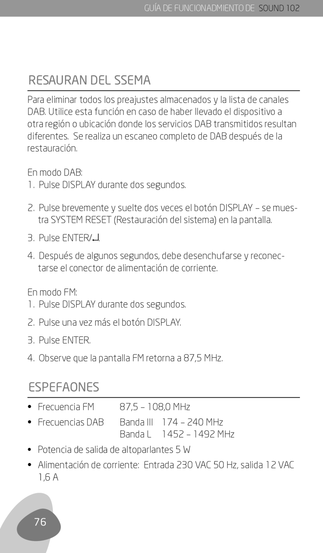 Eton 102 owner manual Restauración del sistema, Especificaciones, Potencia de salida de altoparlantes 5 W 