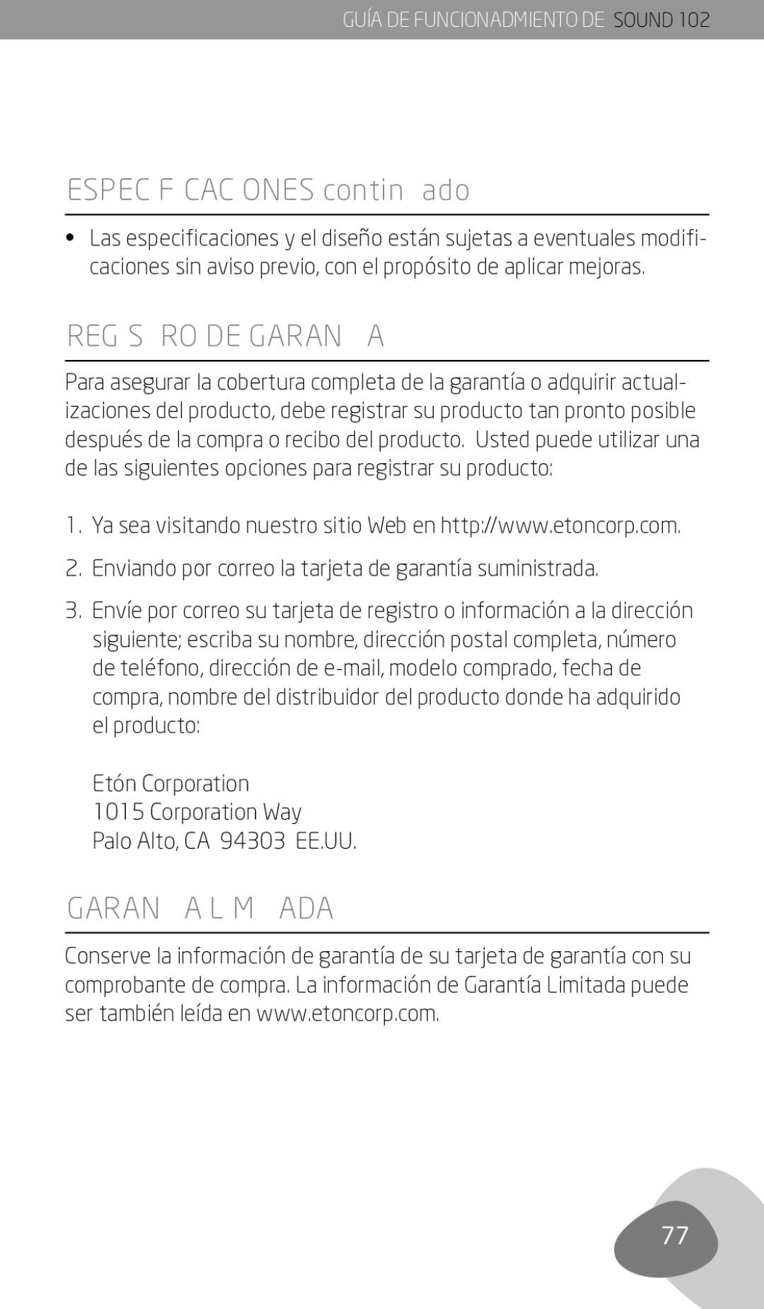 Eton 102 owner manual Especificaciones continuado, Registro DE Garantía, Garantía Limitada 