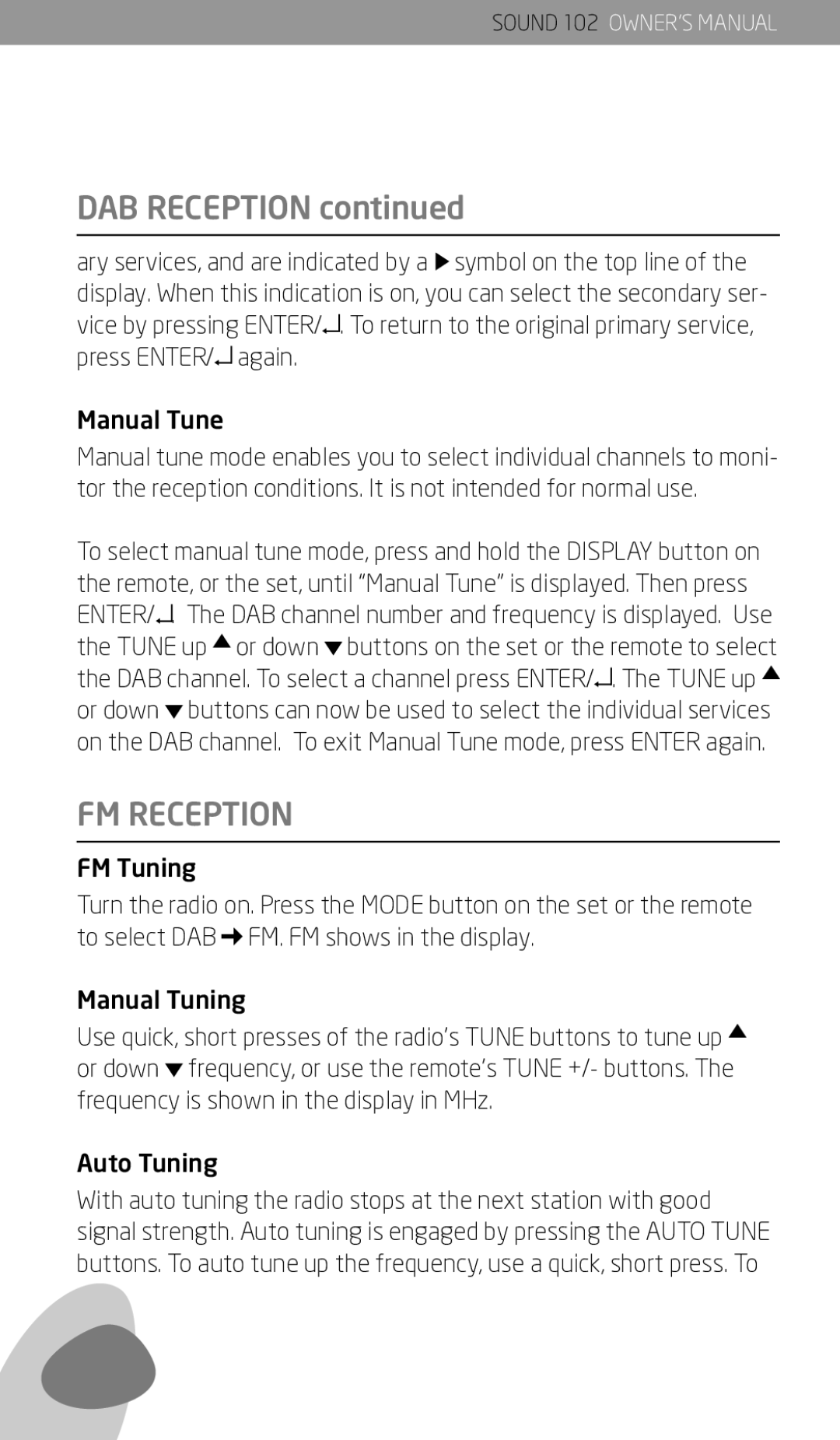 Eton 102 owner manual FM Reception, Manual Tune 