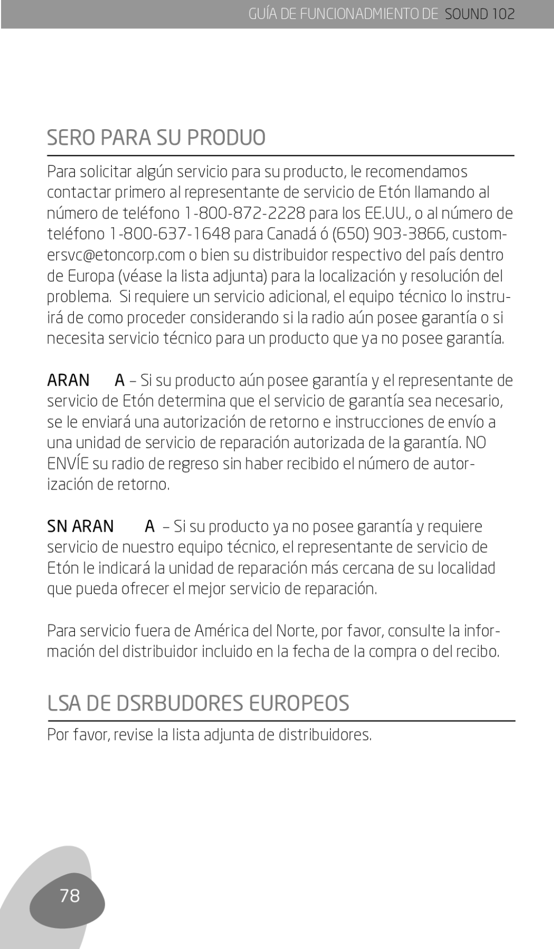 Eton 102 Servicio Para SU Producto, Lista DE Distribuidores Europeos, Por favor, revise la lista adjunta de distribuidores 